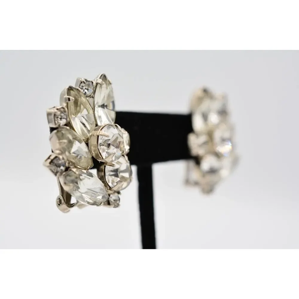 Vintage Crystal Clip Pm Earrings Shiny Rhinestone Marquise Silver 1980s BinAA